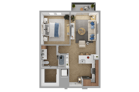 Floor plan for 1 bed, 1 bath, 684 sqft